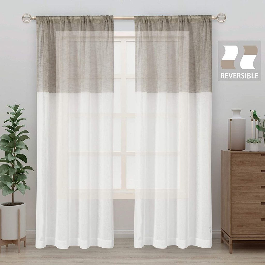LORDTEX Color Block Sheer Curtains - Linen Look Semi Sheer Drapes 63 inches Length Rod Pocket Voile Window Curtain