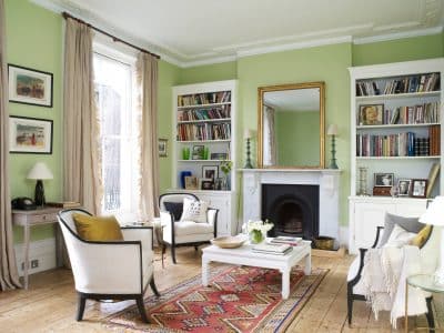 Living room with walls painted with Mylands Colours of London French Green No. 187.