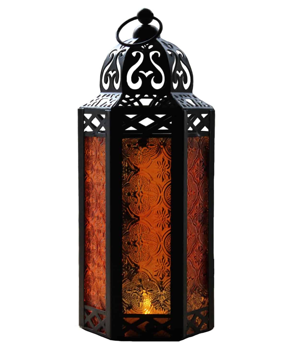 Mid Size Tablehanging Amber Glass Hexagon Moroccan Candle Lantern Holders