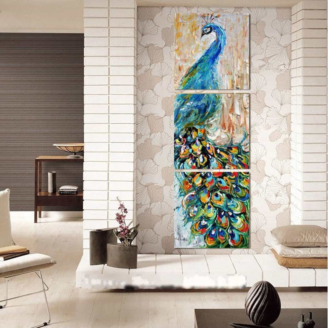 Modern Home and Office Wall Decor Canvas Print Peacock Paintings on Canvas 3 Panels (16x16inchx3)