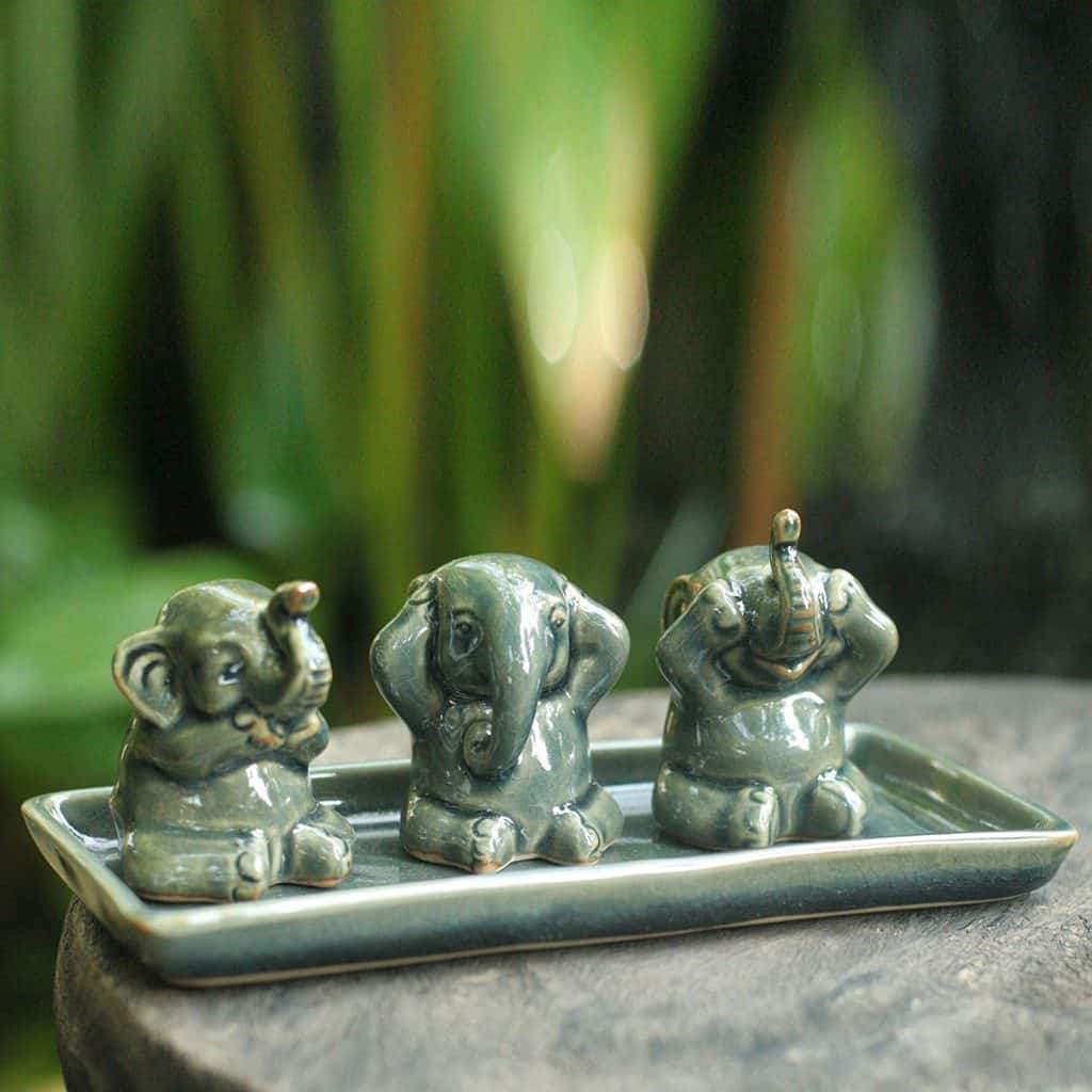 NOVICA Green Good Luck Celadon Ceramic Sculpture, 2.6 Tall 'Elephant Lessons' (Set of 3)