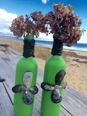 Nautical Green Vase Pair Hand Painted Irish Green Wine Bottle Vases
