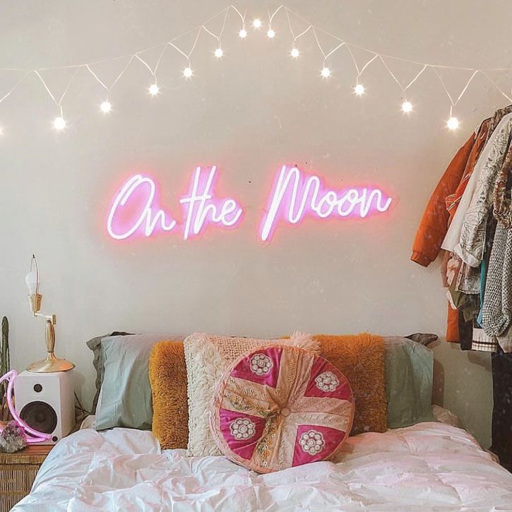 Bedroom with On the Moon Neon Sign 20+ Aesthetic Bedrooms