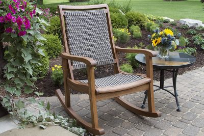Outdoor Interiors Resin Wicker and Eucalyptus Rocking Chair, Brown and Grey