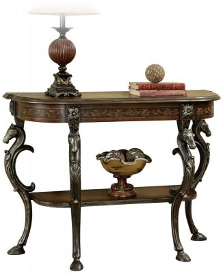 Powell Masterpiece Floral Demilune Console Table with Horse head and Hoofed-foot Cast Legs and Display Shelf