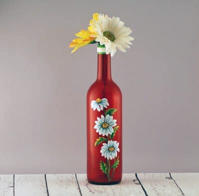 Red daisy wine bottle vase, hand painted
