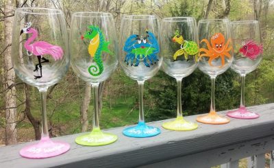 Set of 4 Hand Painted Wine Glasses with Seaside Sayings 