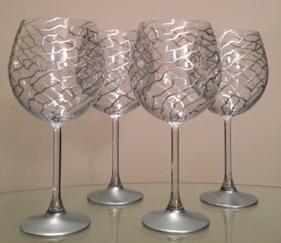 Silver Abstract Swirl' Made to Order. Hand painted wine glasses