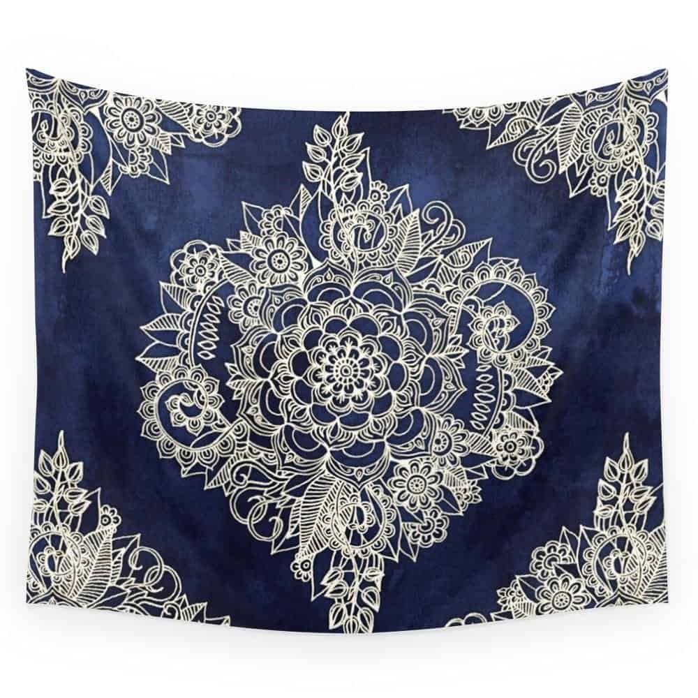 Society6 Cream Floral Moroccan Pattern On Deep Indigo Ink Wall Tapestry Large