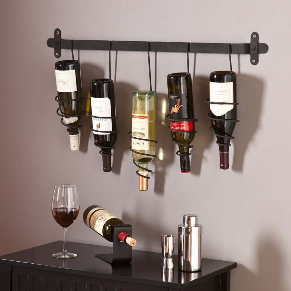 4 Pieces Metal Hanging Wine Rack Organizer Black Single Bottle Wine Rack with Screw Bar Counter Wall Mounted Iron Wine Bottle Holder Racks for Bar Wine Bottle Display