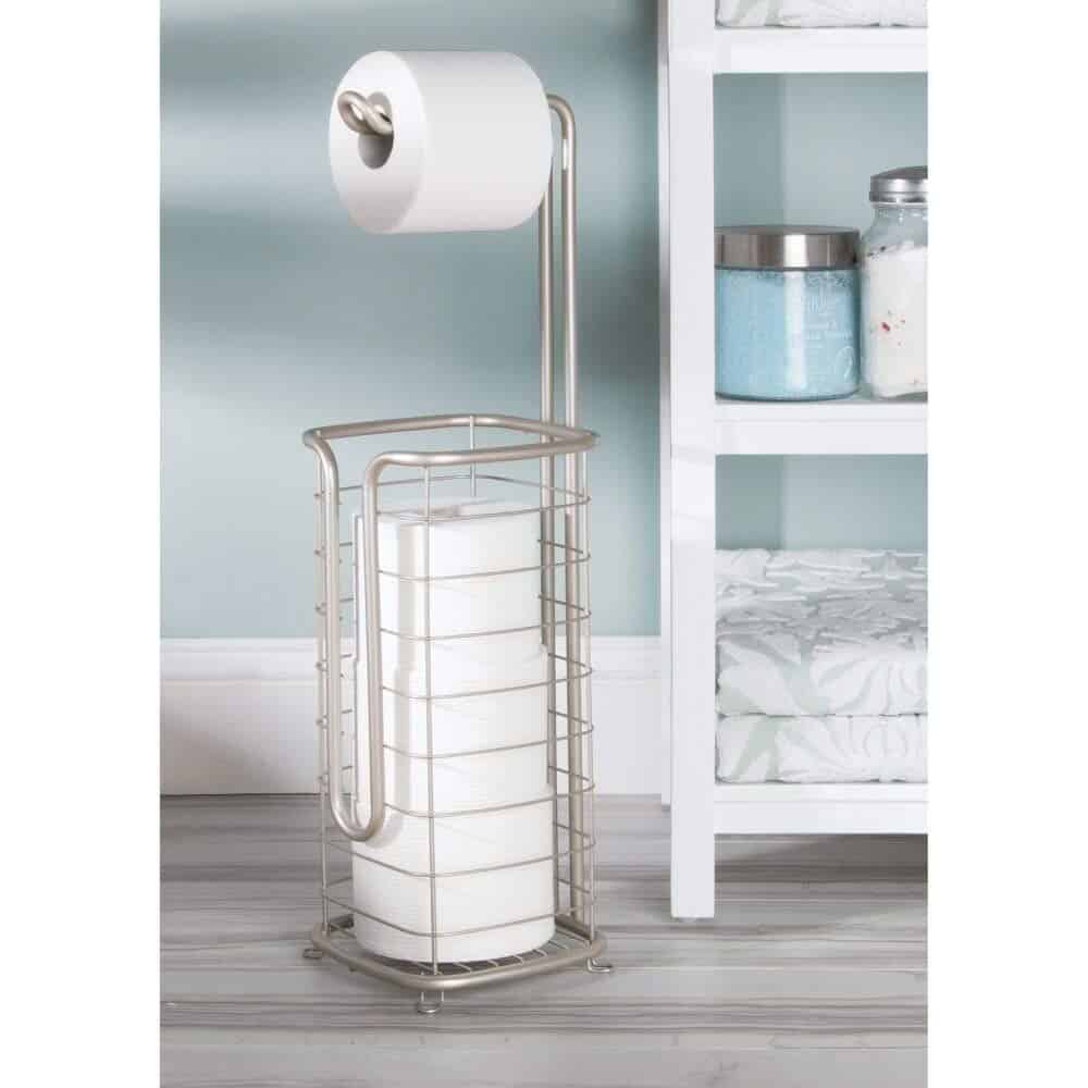 mDesign Toilet Paper Holder — Toilet Roll Dispenser for Bathrooms — Freestanding Toilet Roll Holder Made of Rust-Resistant Metal — Grey 