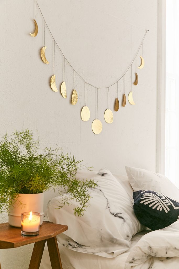 Bedroom with Hammered Extra-Long Metal Moon Cycle Banner