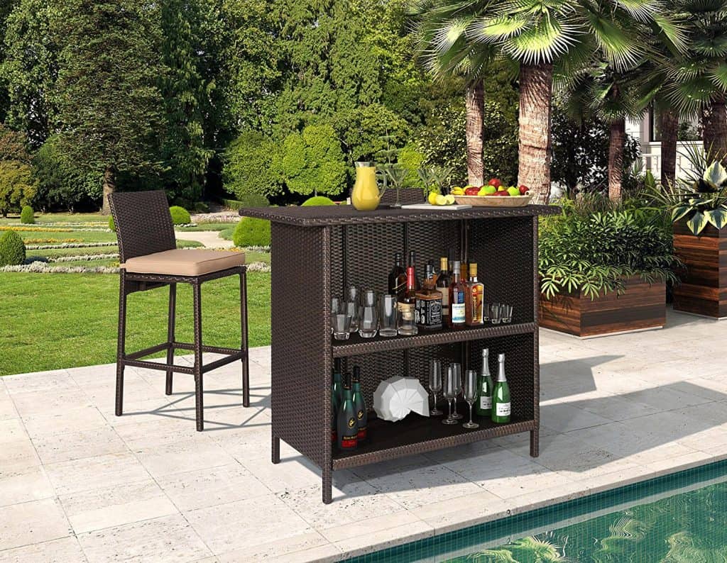 Ulax Furniture 3Pcs Patio Outdoor Wicker Bar Set with Stools