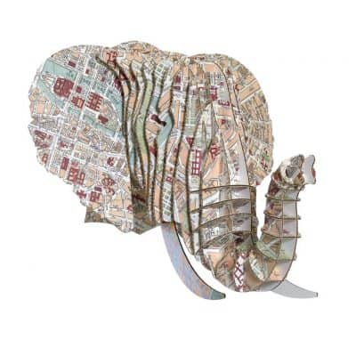 Vintage Map Prints Cardboard Elephant Heads (Paris)
