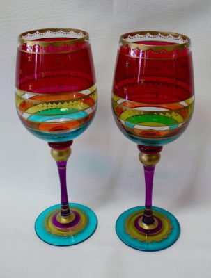 Vintage Pair of Hand Painted Wine Glasses