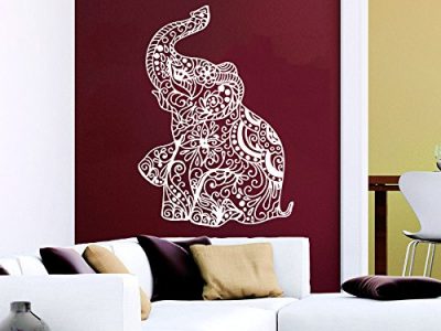 Wall Decal Elephant Vinyl Sticker Decals Lotus Indian Elephant Floral Patterns