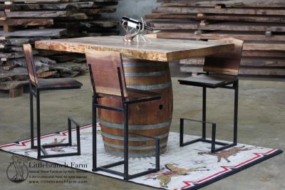 Wine Barrel Pub Table with Live Edge Young Growth Redwood Table Top