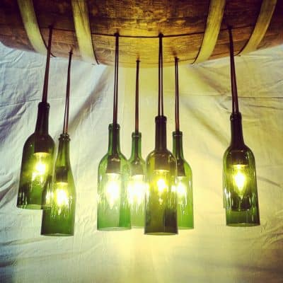 Wine Bottle Chandelier Up-cycled from Aged Oak Wine Barrel And Wine Bottles