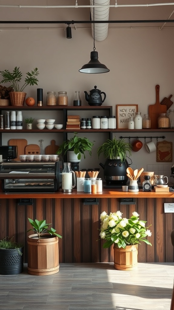 A stylish coffee bar setup featuring local products, plants, and various coffee-making tools.