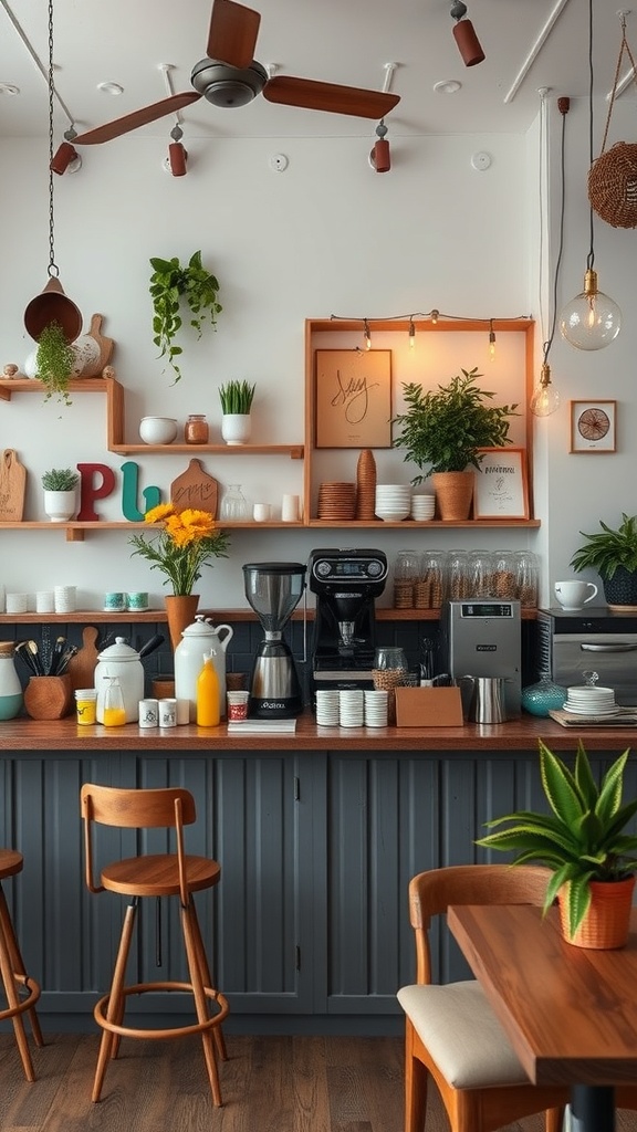 A beautifully decorated coffee bar featuring wooden shelves, coffee machines, and plants.