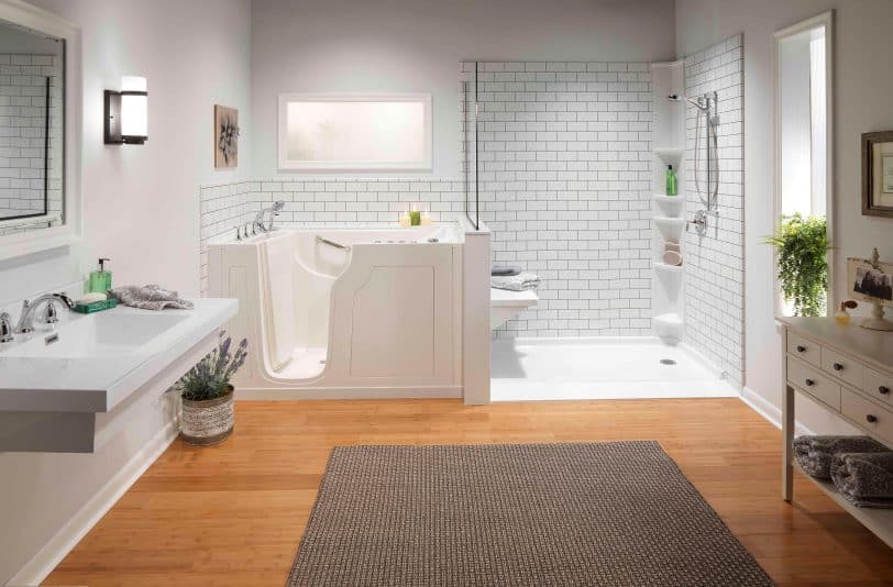 Bathroom - mid-sized modern master white tile bamboo floor bathroom idea in Louisville with a freestanding vanity