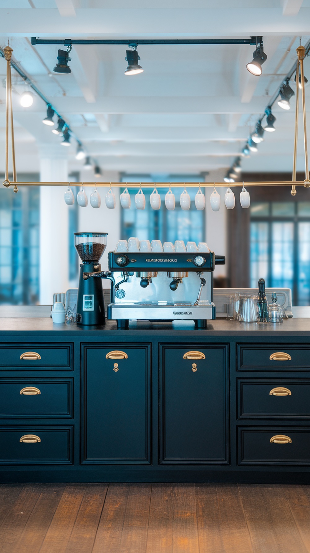 A modern black-and-gold coffee bar station featuring two coffee machines and stylish storage.