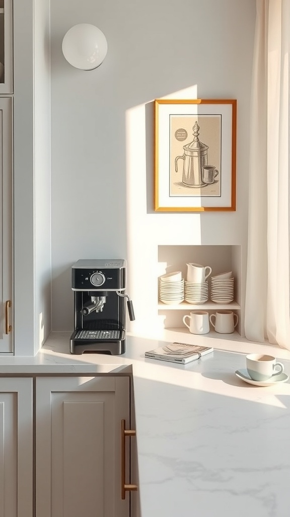 A stylish coffee bar setup with a marble counter, espresso machine, and decorative mugs.