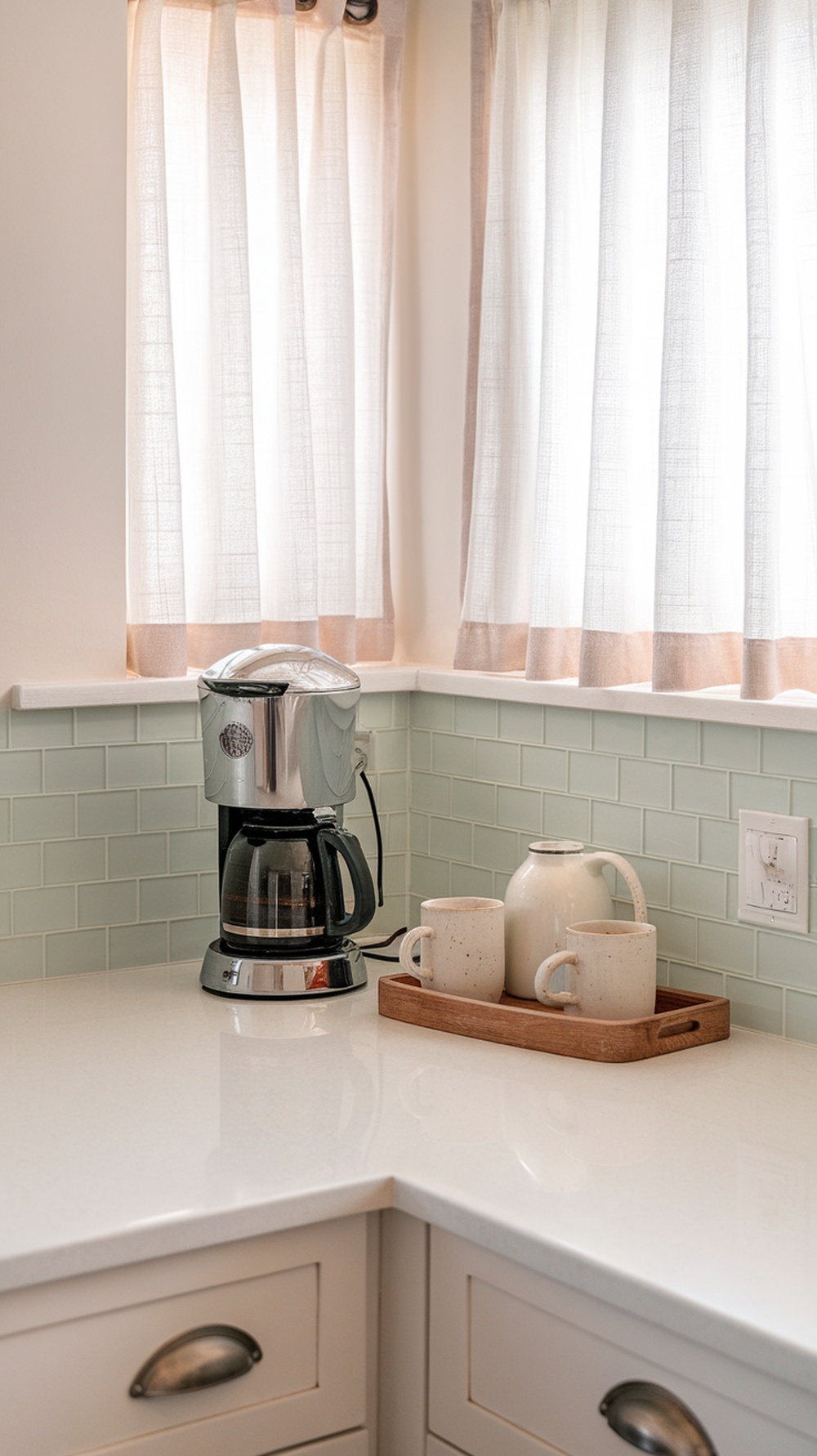 A stylish coffee maker with mugs on a kitchen counter.