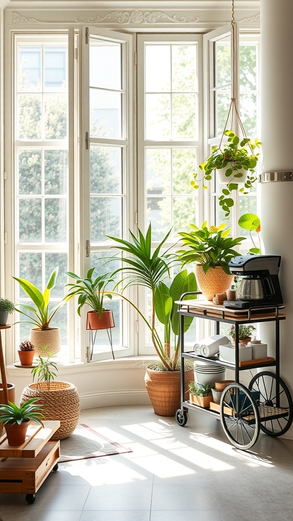A bright coffee nook with plants and a coffee cart by large windows.