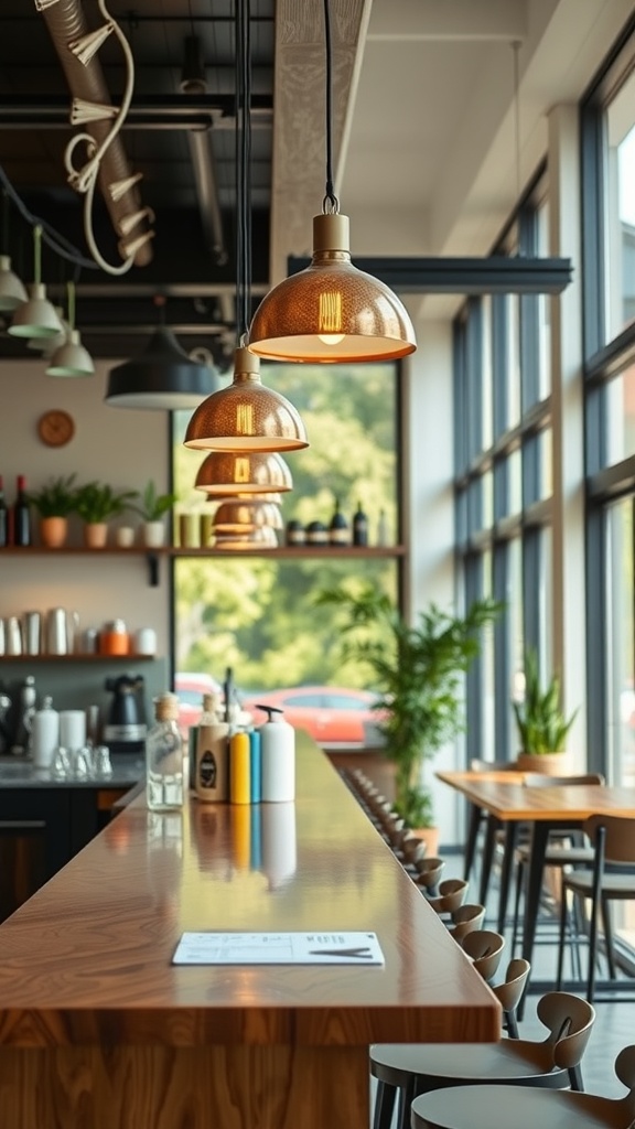 Brightly lit coffee bar with pendant lights and a wooden countertop.
