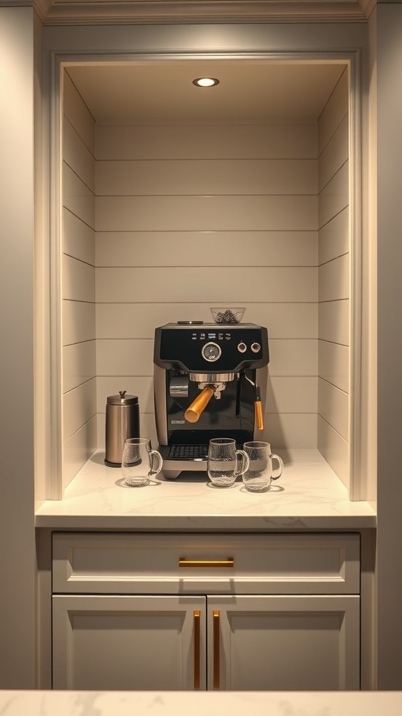 Cozy coffee bar alcove with shiplap and brass trim featuring an espresso machine and glass mugs.