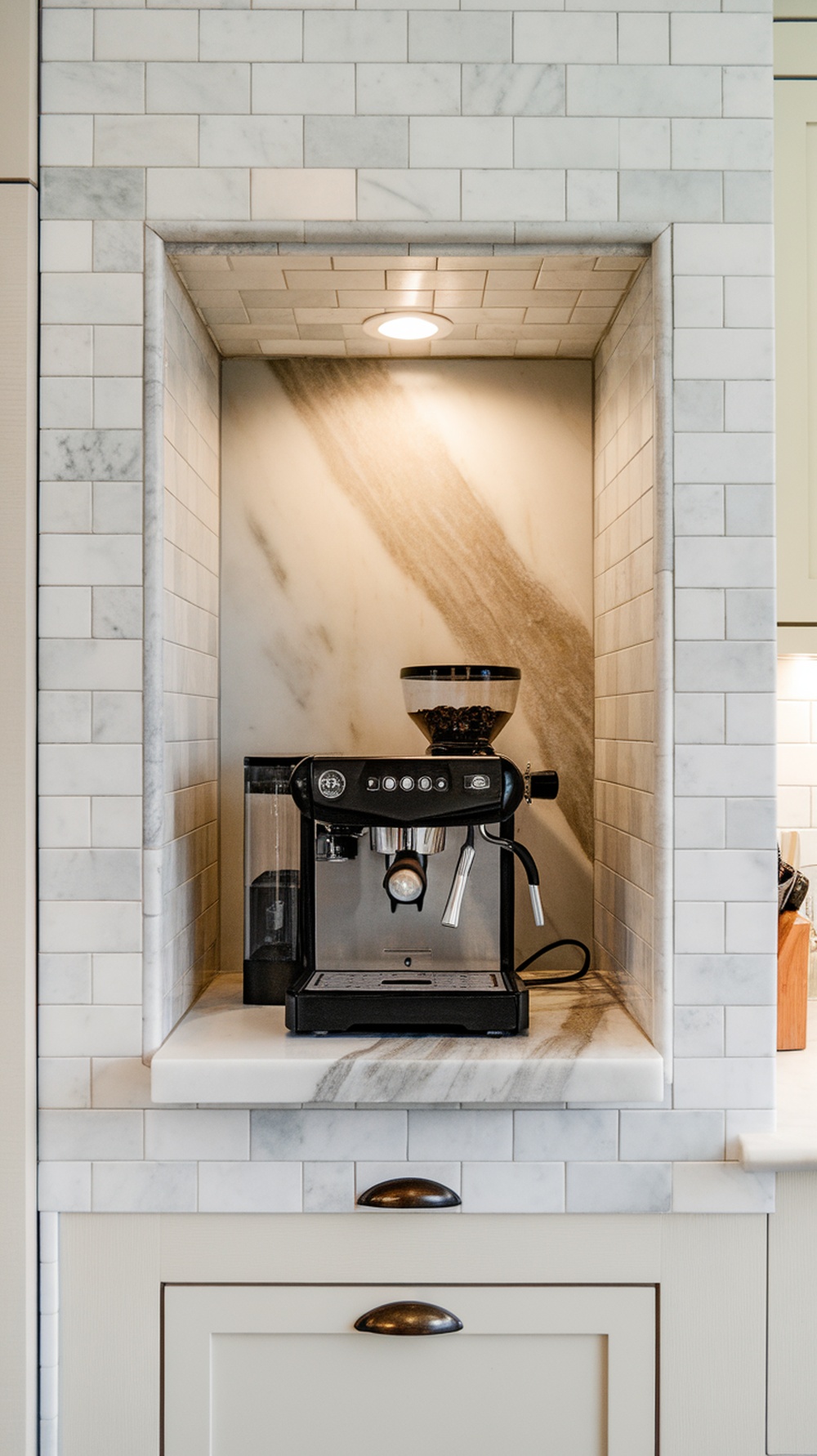 Built-in coffee bar niche with marble surround featuring an espresso machine and coffee grinder.