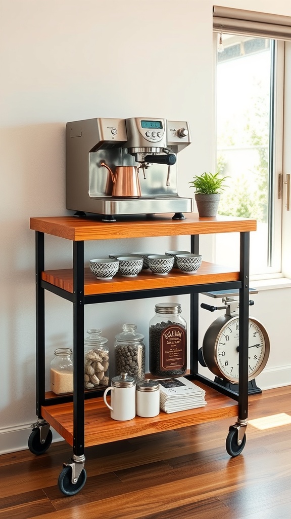 A reclaimed-wood bar cart with a coffee machine, jars of coffee beans, and cups.