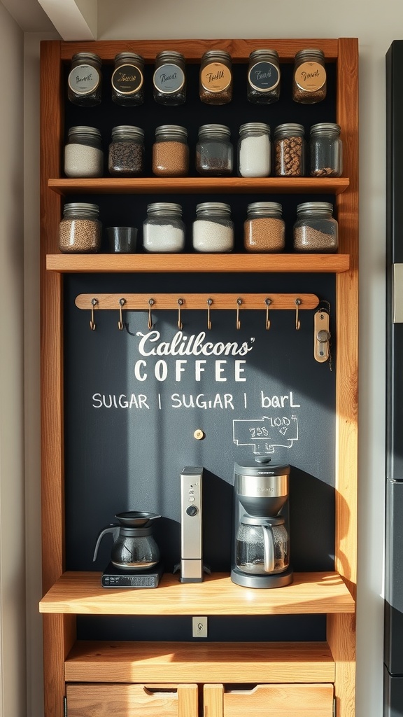 Chalkboard-front coffee bar with mason jars and coffee maker