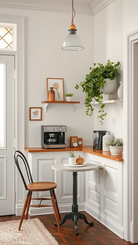 A charming corner coffee bar with a coffee machine, small table, and decorative plants.