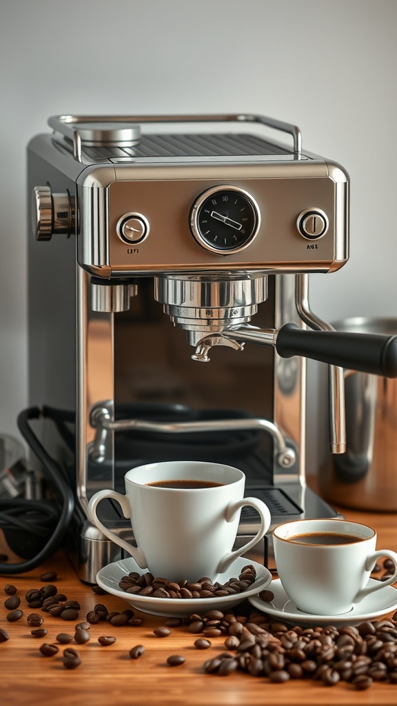 Classic espresso machine with two cups of coffee and coffee beans on a wooden surface.