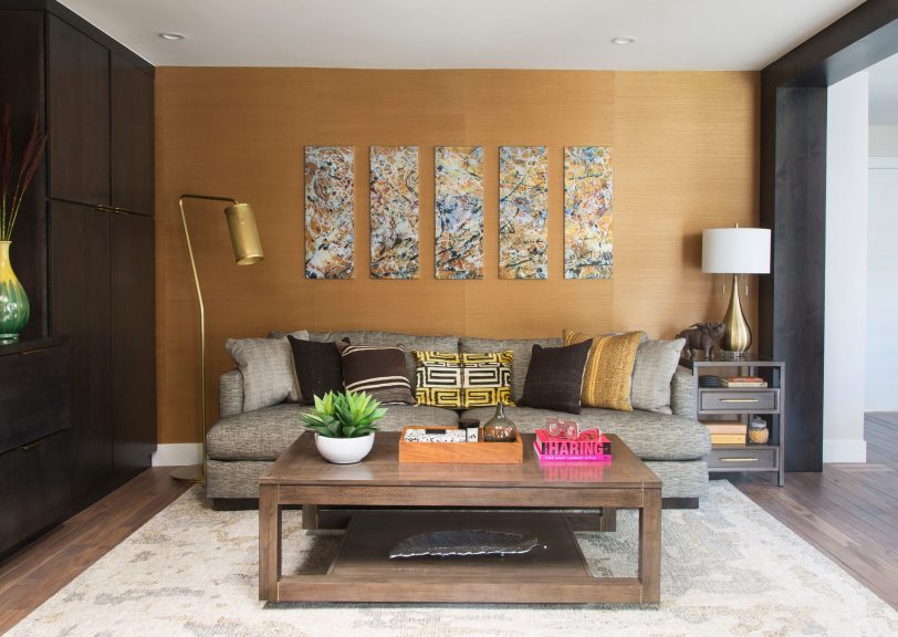 Inspiration for a contemporary formal and enclosed dark wood floor living room remodel in Denver with yellow walls and no fireplace