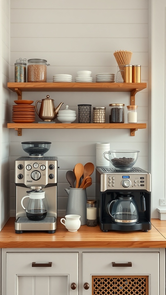 A stylish coffee and tea hybrid station with floating shelves and coffee machines.