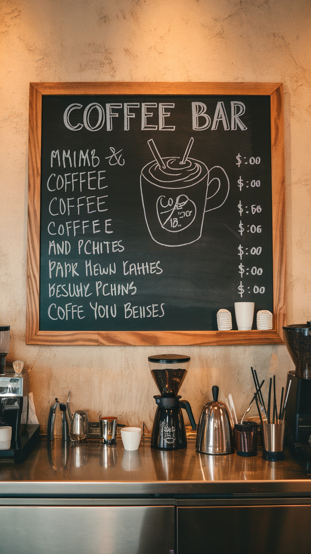 Chalkboard menu at a coffee bar with various coffee offerings