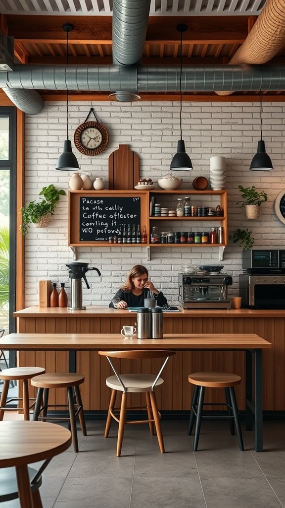 A cozy coffee bar setup with a woman enjoying coffee at a wooden counter, surrounded by plants and coffee equipment.