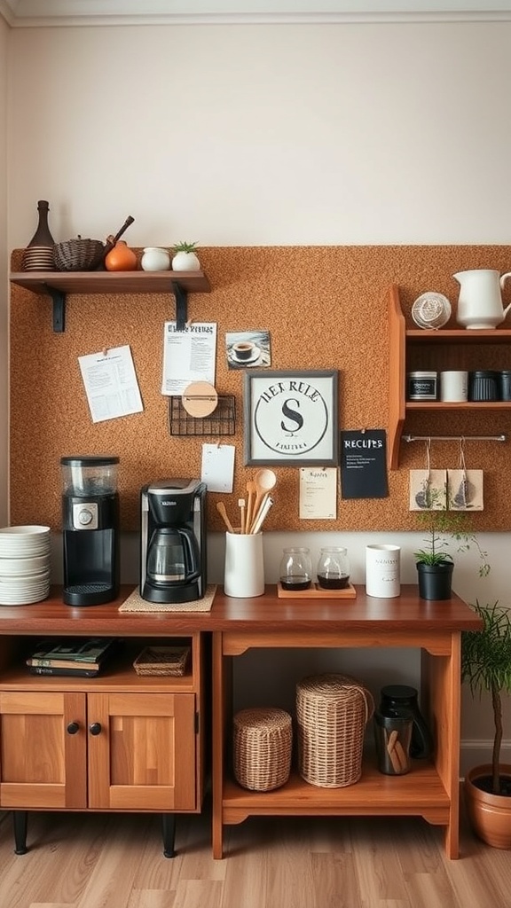 A cozy kitchen coffee bar with a cork wall, featuring a coffee maker, decorative items, and storage.