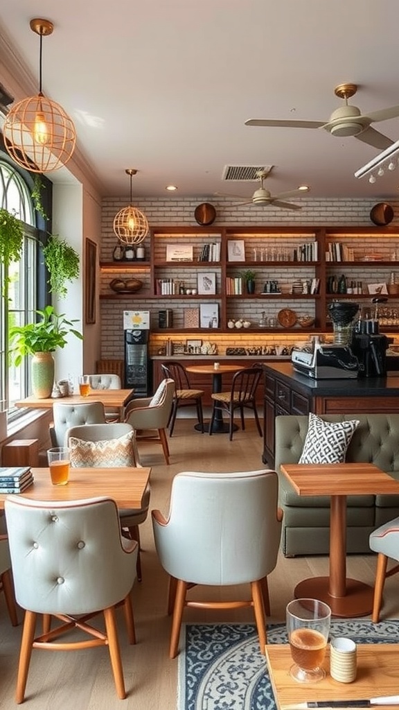 A cozy coffee bar setup featuring warm lighting, a pantry cabinet, and stylish seating.