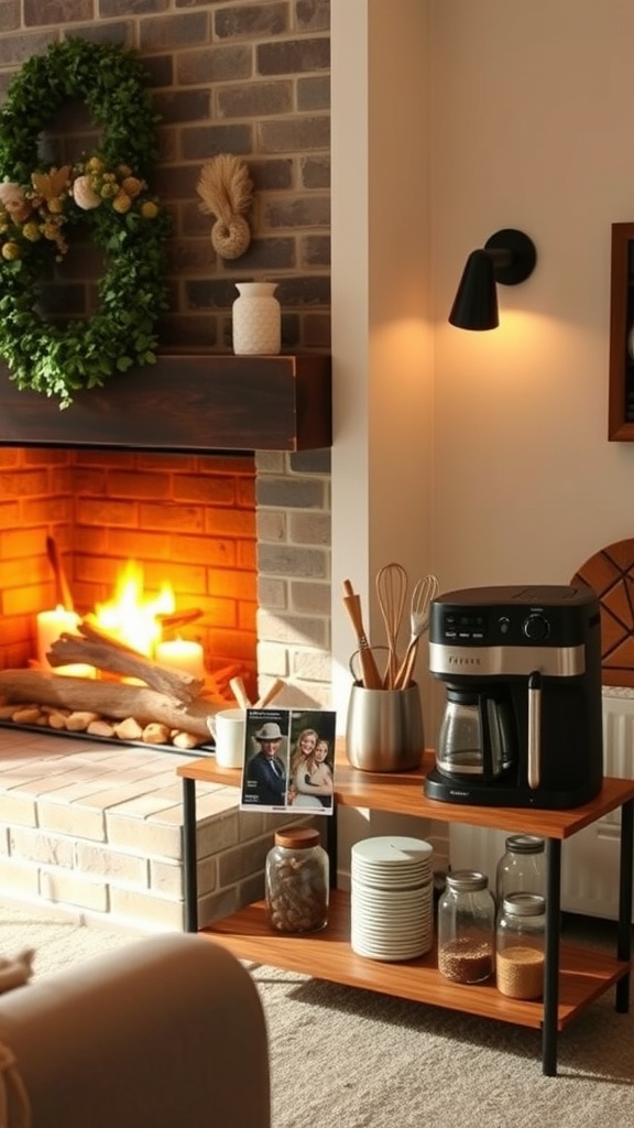 A cozy coffee bar setup next to a fireplace, featuring a coffee maker, jars, and decorative items.