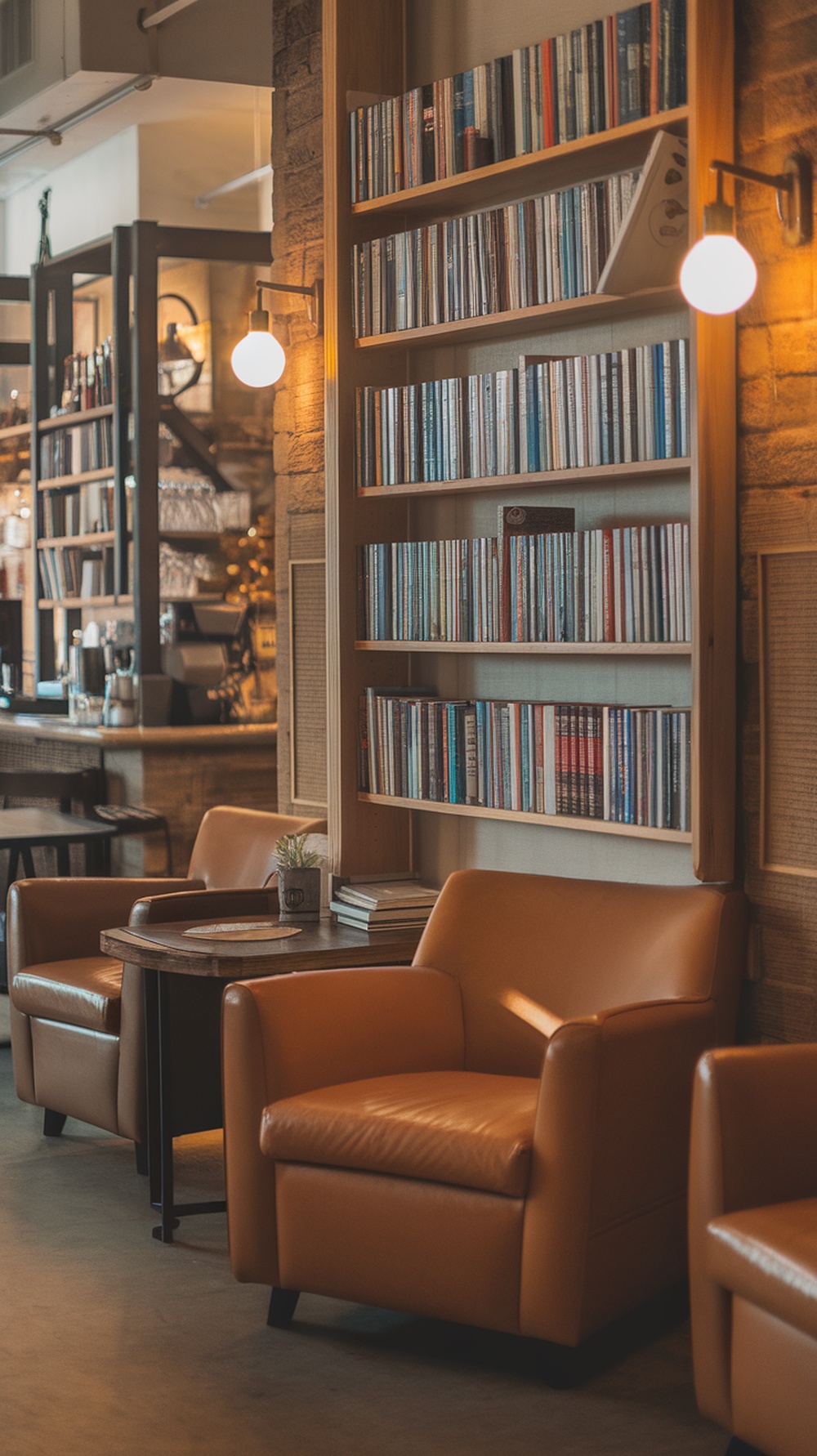 Cozy coffee bar with reading corner featuring leather chairs and bookshelves
