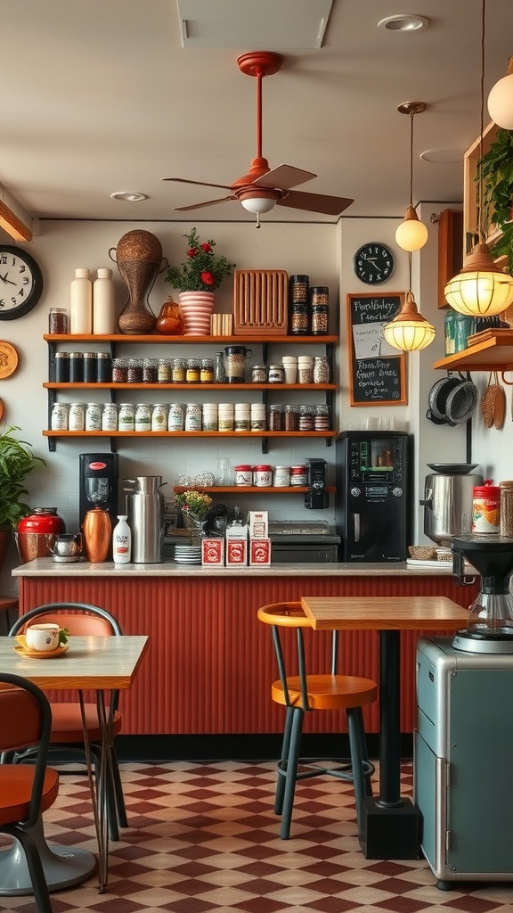 A cozy retro coffee bar with colorful decor and vintage coffee jars
