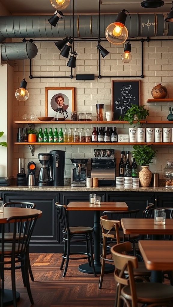 A stylish coffee bar with modern decor, featuring coffee machines, jars, and a cozy atmosphere.