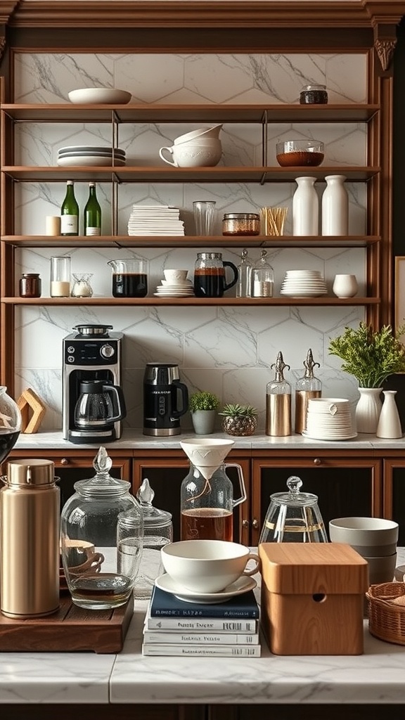 A stylish kitchen coffee bar setup with various coffee-making equipment and decorative items.