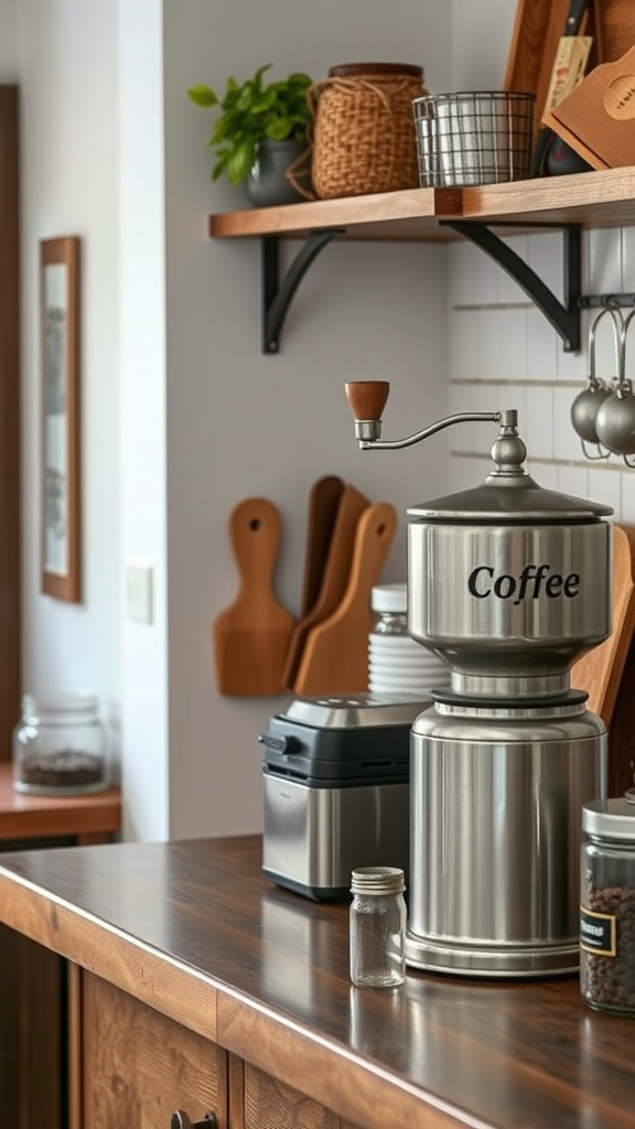 A vintage coffee grinder on a kitchen countertop with wooden shelves and coffee jars.