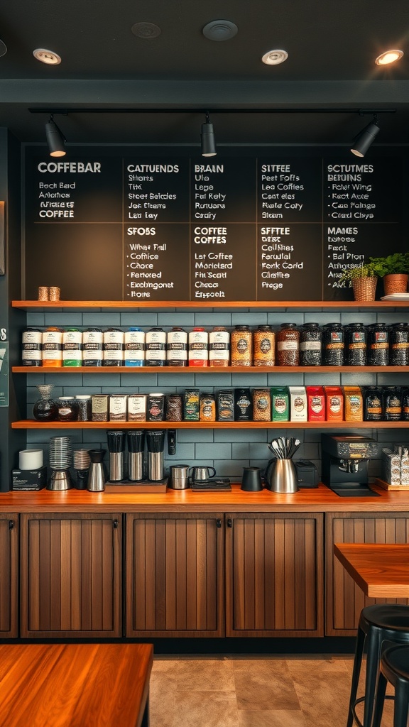 A stylish coffee bar setup with shelves displaying various coffee products and equipment.