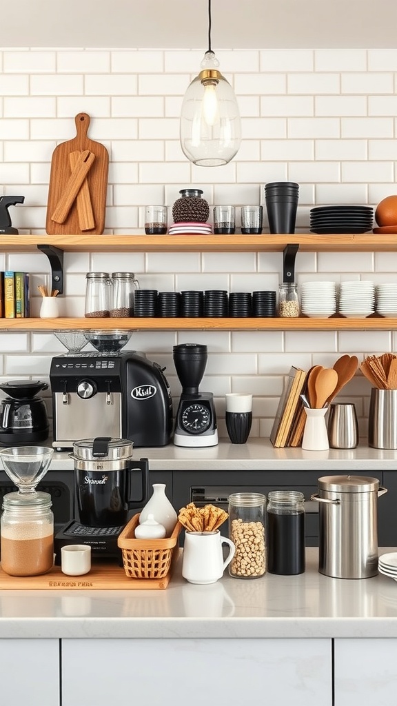 Stylish coffee bar setup with barista tools and organized shelves.